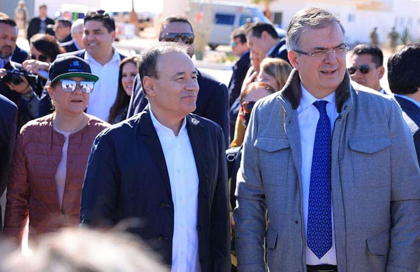 Mexico's Foreign Affairs Minister Marcelo Ebrard and Alfonso Durazo, governor of Sonora, Mexico at Puerto Penasco solar farm in progress