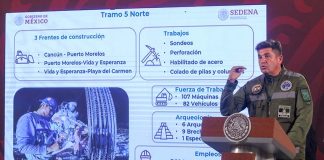 Sedena architect Gen. Gustavo Vallejo reporting on Maya Train construction progress.
