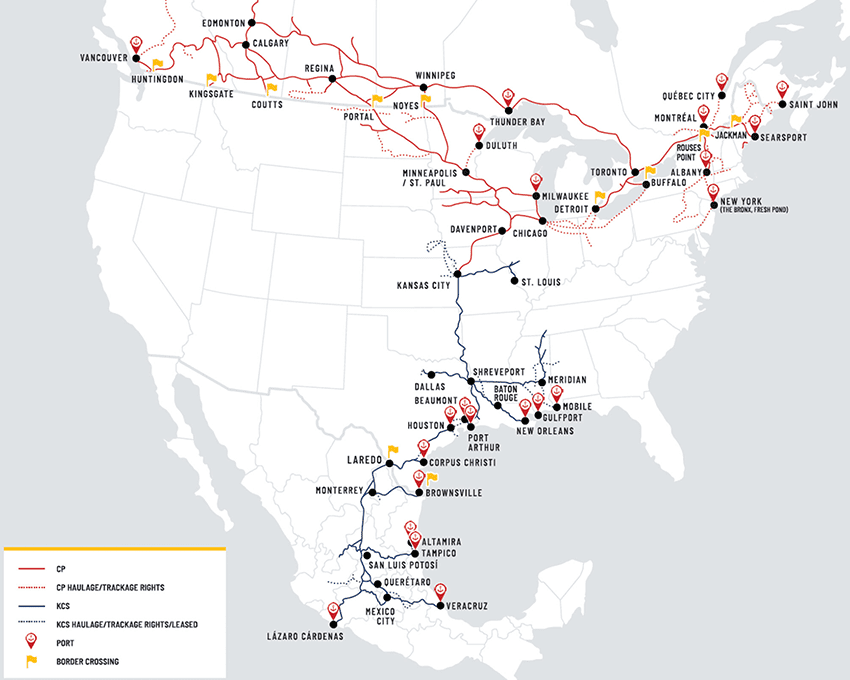 Map of Kansas City Southern and Canadian Pacific rail lines in North America