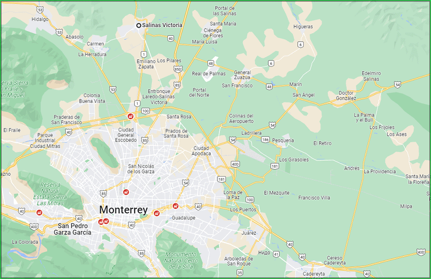 map showing city of Monterrey, Nuevo Leon, Mexico