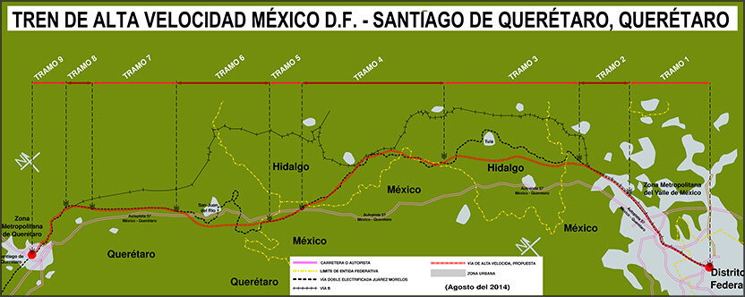 Map of never-built high speed train between Mexico City and Queretaro City