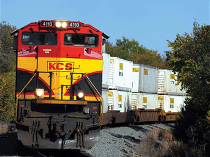 A red-and-yellow Kansas City Southern train