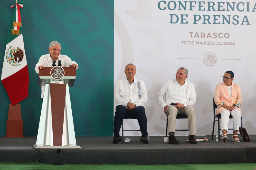 AMLO at press conference in Tabasco