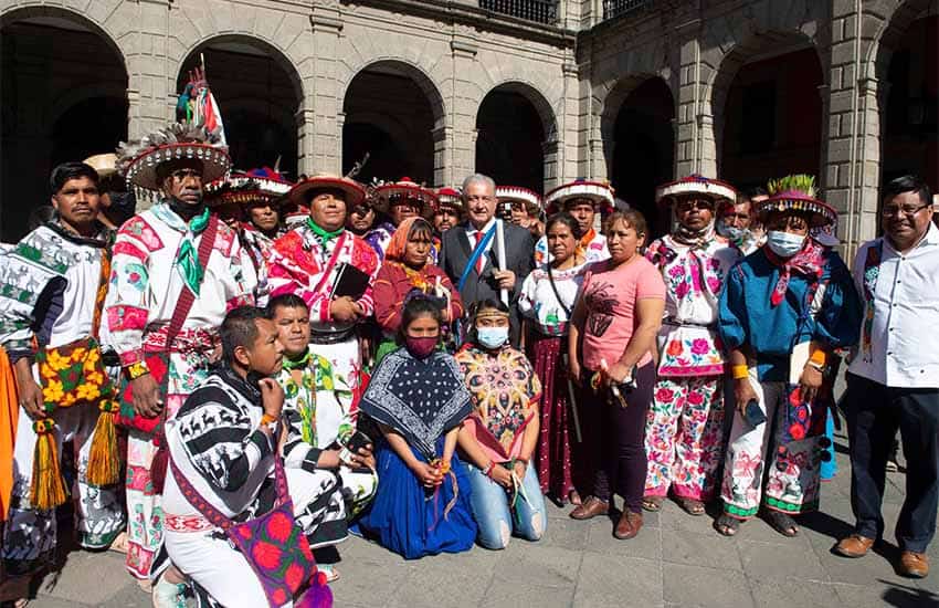 President Lopez Obrador with Wixarika leaders at Mexico's National Palace