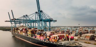 A container ship at Lazaro Cardenas port in Michoacan