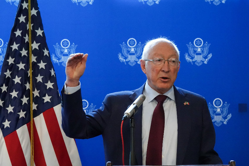 US ambassador Ken Salazar at a press conference