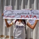 A woman protests the INM at a migration station in Comitán de Domínguez in Chiapas.