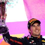 Sergio "Checo" Perez hold the winners trophy aloft at the 2023 Saudi Arabia GP.