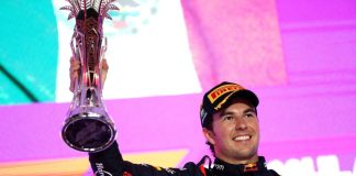 Sergio "Checo" Perez hold the winners trophy aloft at the 2023 Saudi Arabia GP.
