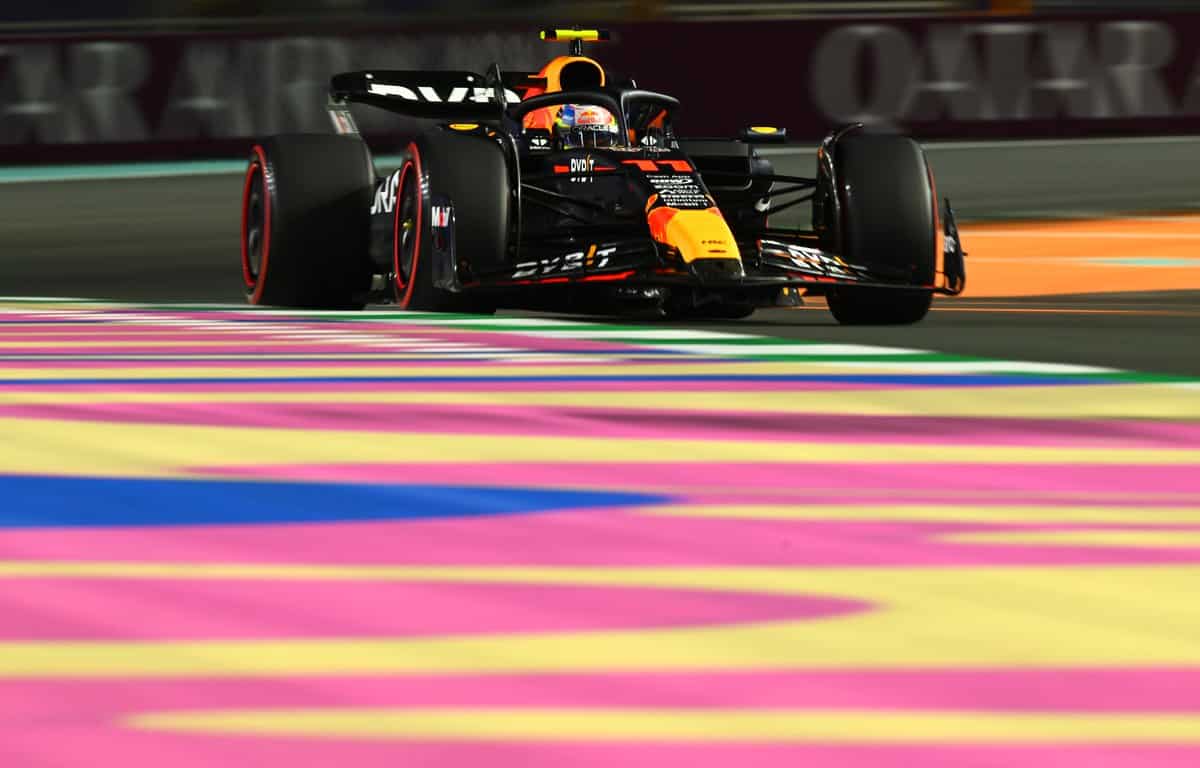 Sergio "Checo" Perez racing his Red Bull car in Saudi Arabia