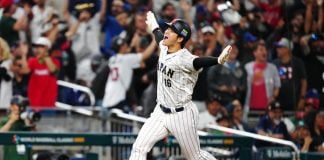 Shohei Ohtani celebrates beating Mexico in the World Baseball Classic