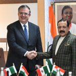 Signing of international tech agreement by Mexico's Foreign Minister Marcelo Ebrard, left and India's Science/Tech Minister Jitendra Singh, right