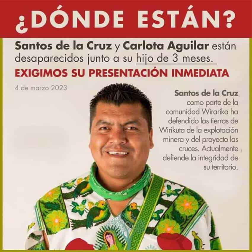 Poster publicizing the disappearance of Wixárika land defender Santos de la Cruz