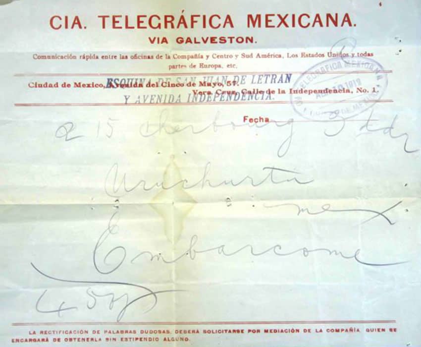 Telegram sent by Manuel Uruchurtu just before boarding the Titanic