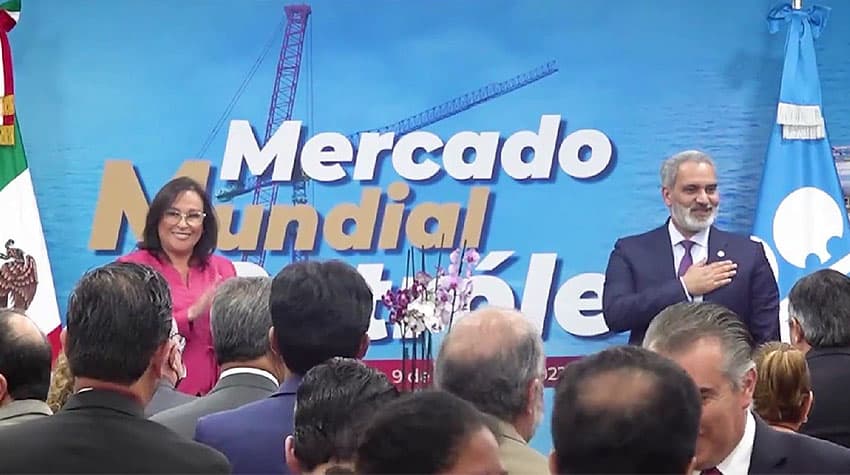 OPEC Secretary Haitham Al Ghais with Mexico's Economy Minister Raquel Buenrostro at World Market of Oil presentation in Mexico City