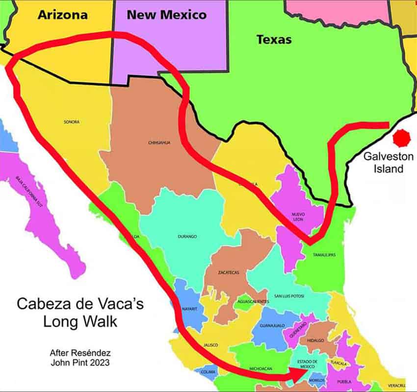 Map showing route taken by Cabeza de Vaca's crew across North America after being shipwrecked at Galveston Island