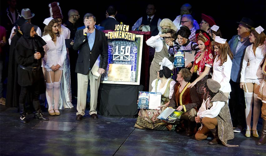 Xavier "Chabelo" Lopez celebrating 150th performance of Spanish language Broadway musical, "Young Frankenstein"