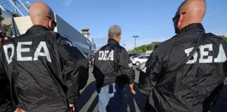 DEA agents with black jackets with the word DEA