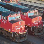 Two Canadian National railroad trains in Canada.