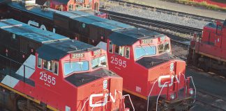 Two Canadian National railroad trains in Canada.