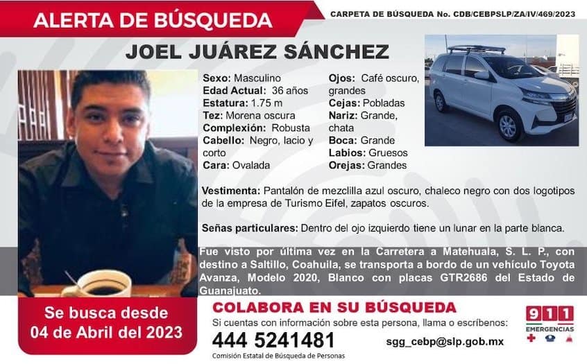 Missing person poster for Joel Juárez Sánchez