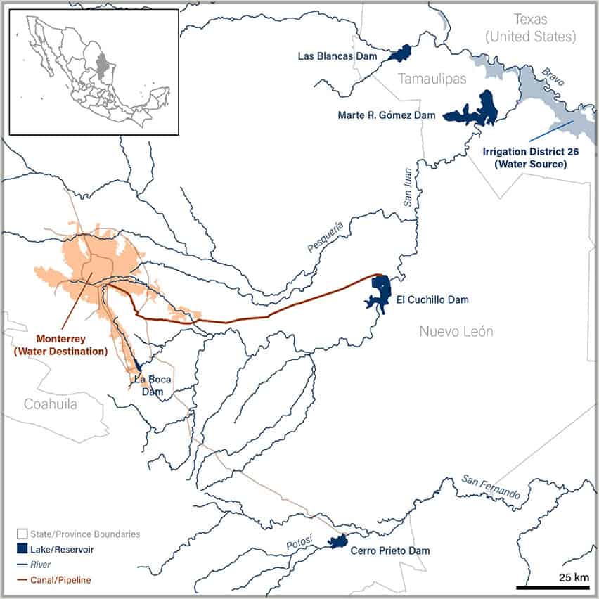 Map showing dams serving Monterrey, Nuevo Leon