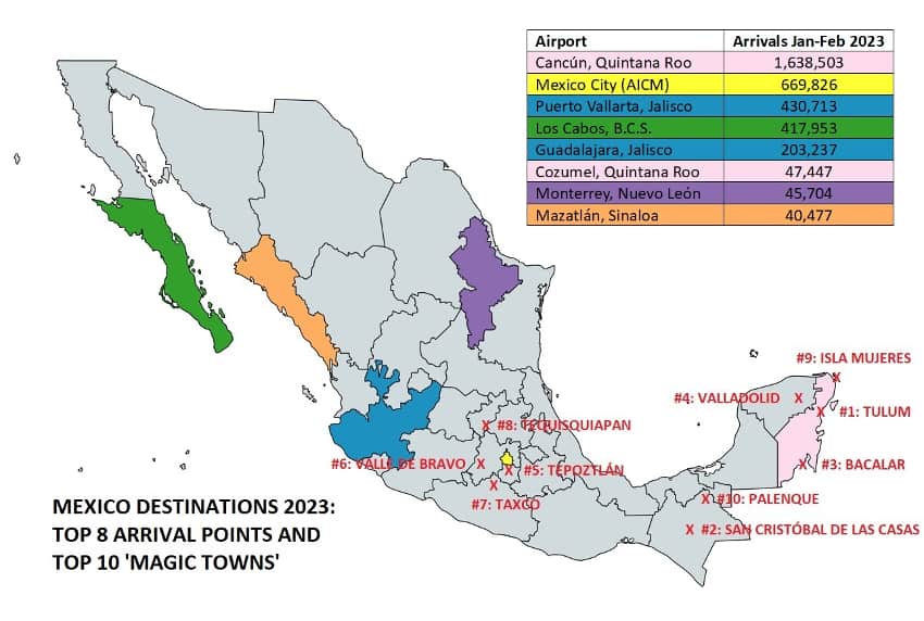 Map showing main tourist destinations in Mexico