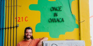 artist Jamie Levin at his cafe, Once in Oaxaca in Oaxaca city, Mexico