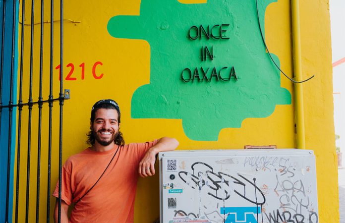 artist Jamie Levin at his cafe, Once in Oaxaca in Oaxaca city, Mexico