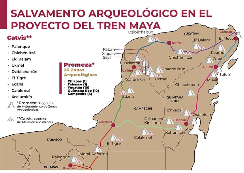 December 2022 map of Tren Maya's planned routes and connected archaeological sites.
