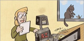 AI robot helping human woman with work