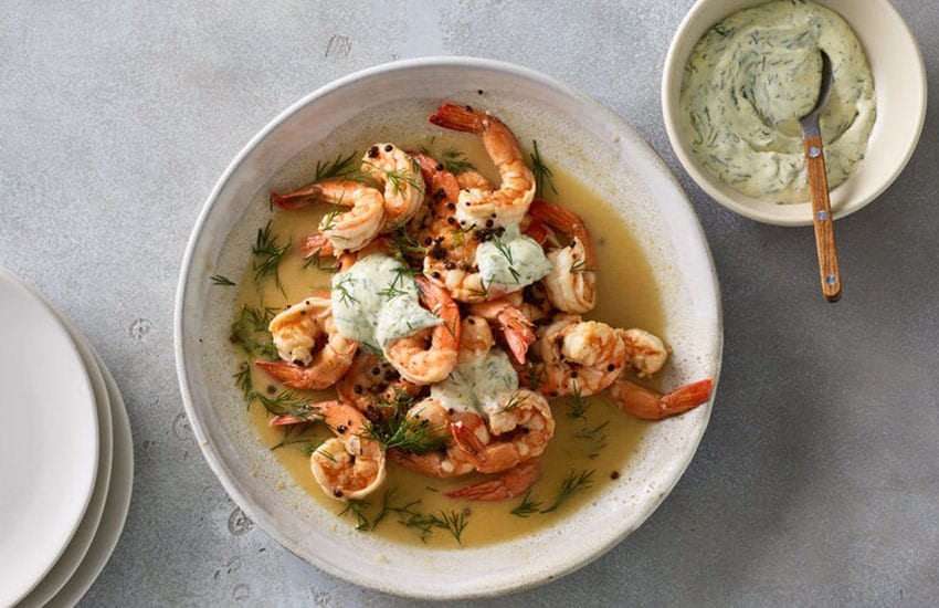 Butter poached shrimp with dill mayo