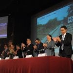 dignitaries applauding presentation on planned Isthmus of Tehuantepec project in Mexico