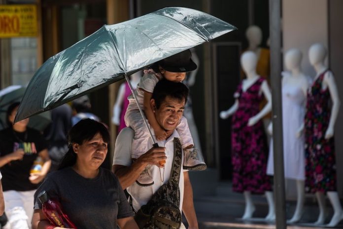 Mexicans holding umbrella to shield from heatwave