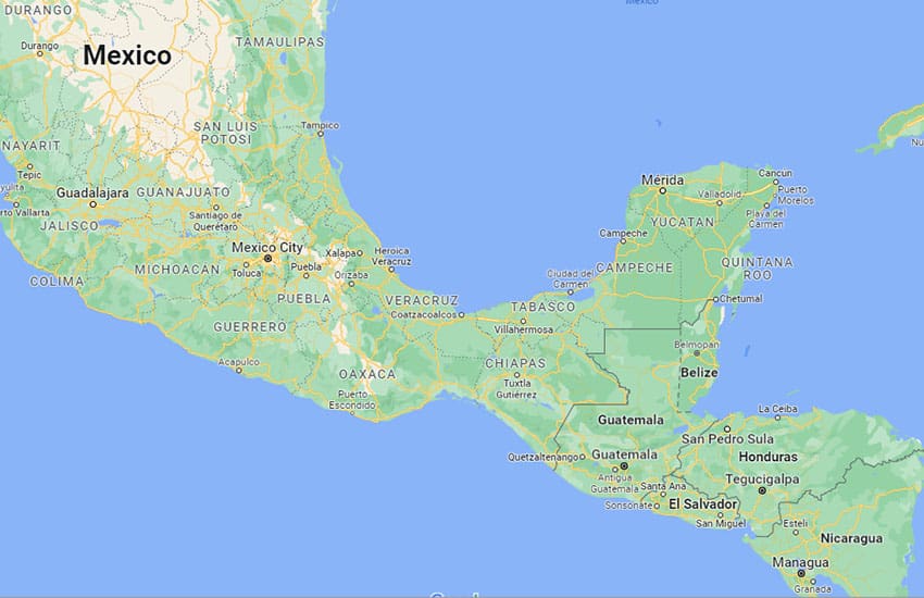 Map of Mexico and Central America from Google Maps