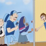 Illustration of woman at door