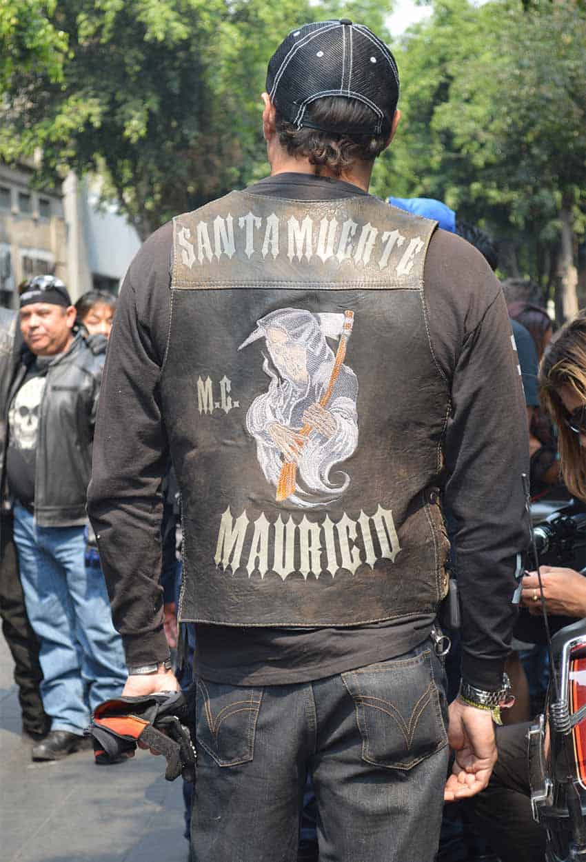 Biker in Mexico City wearing Santa Muerte jacket