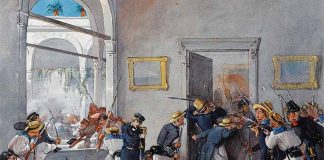 Watercolor painting of French and Mexican soldiers fighting in Veracruz.