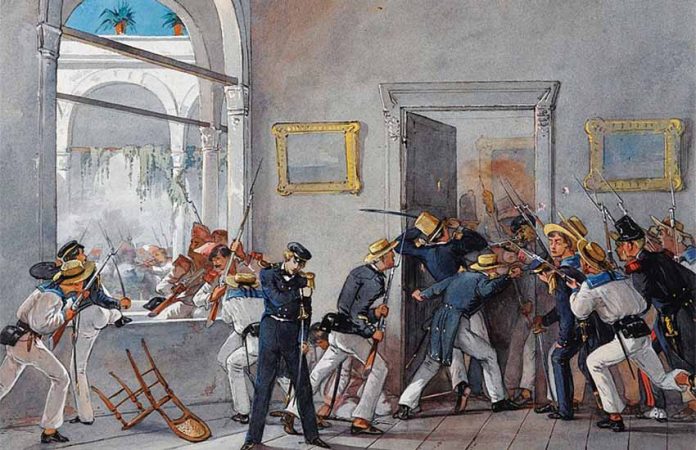 Watercolor painting of French and Mexican soldiers fighting in Veracruz.