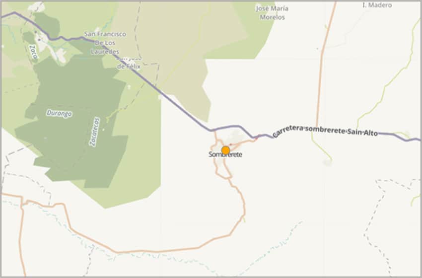 Map showing town of Sombrerete, Zacatecas