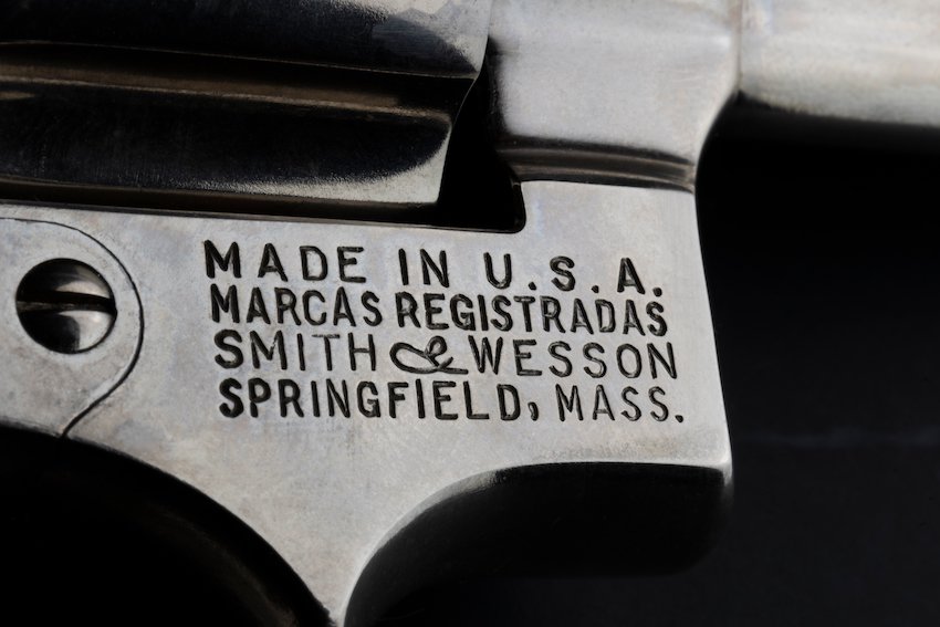 A "made in the U.S.A." label on a Smith and Wesson gun.