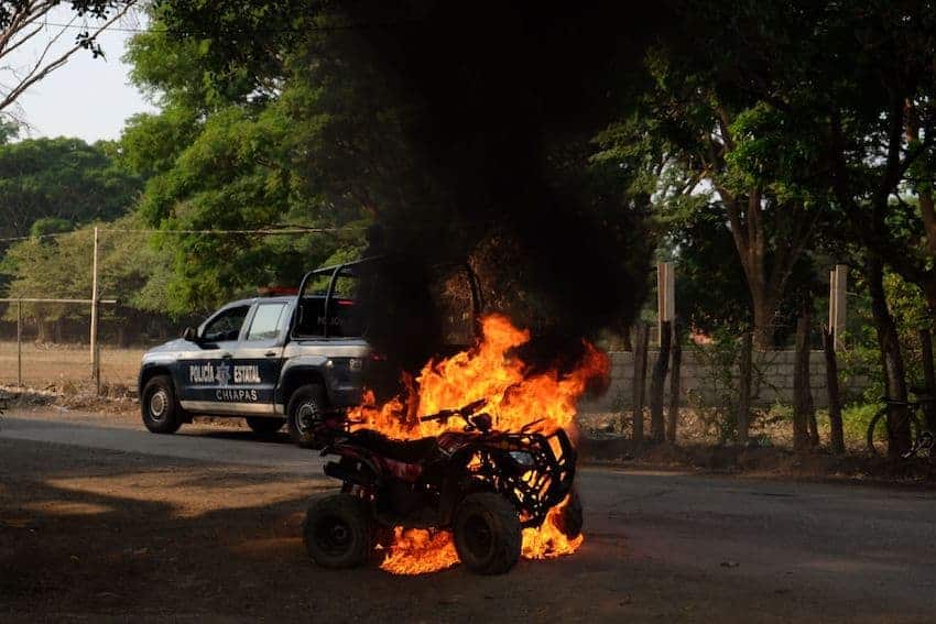 Burned out vehicle in Frontera Comalapa