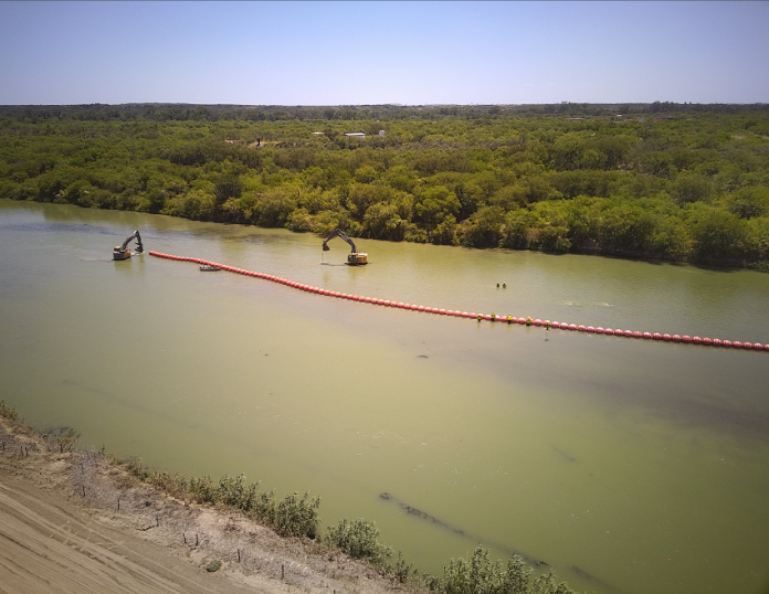 Texas' floating border barrier under construction near Eagle Pass in July 2023.