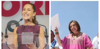 A side by side split image of Claudia Sheinbaum and Xóchitl Gálvez.