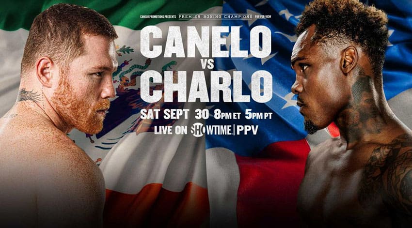 Poster with the words Canelo vs Charlo, with the two boxers facing each other in front of a Mexican and US flag