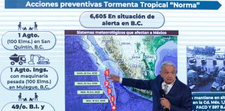 AMLO with map of Hurricane norma