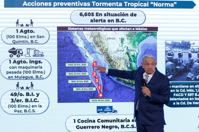 AMLO with map of Hurricane norma