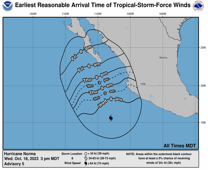 Map of Hurricane Norma's projected wind arrival time
