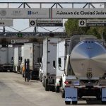 A line of trucks at the Mexico-US border