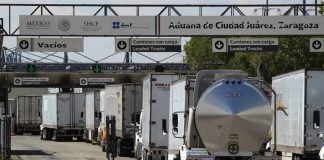 A line of trucks at the Mexico-US border